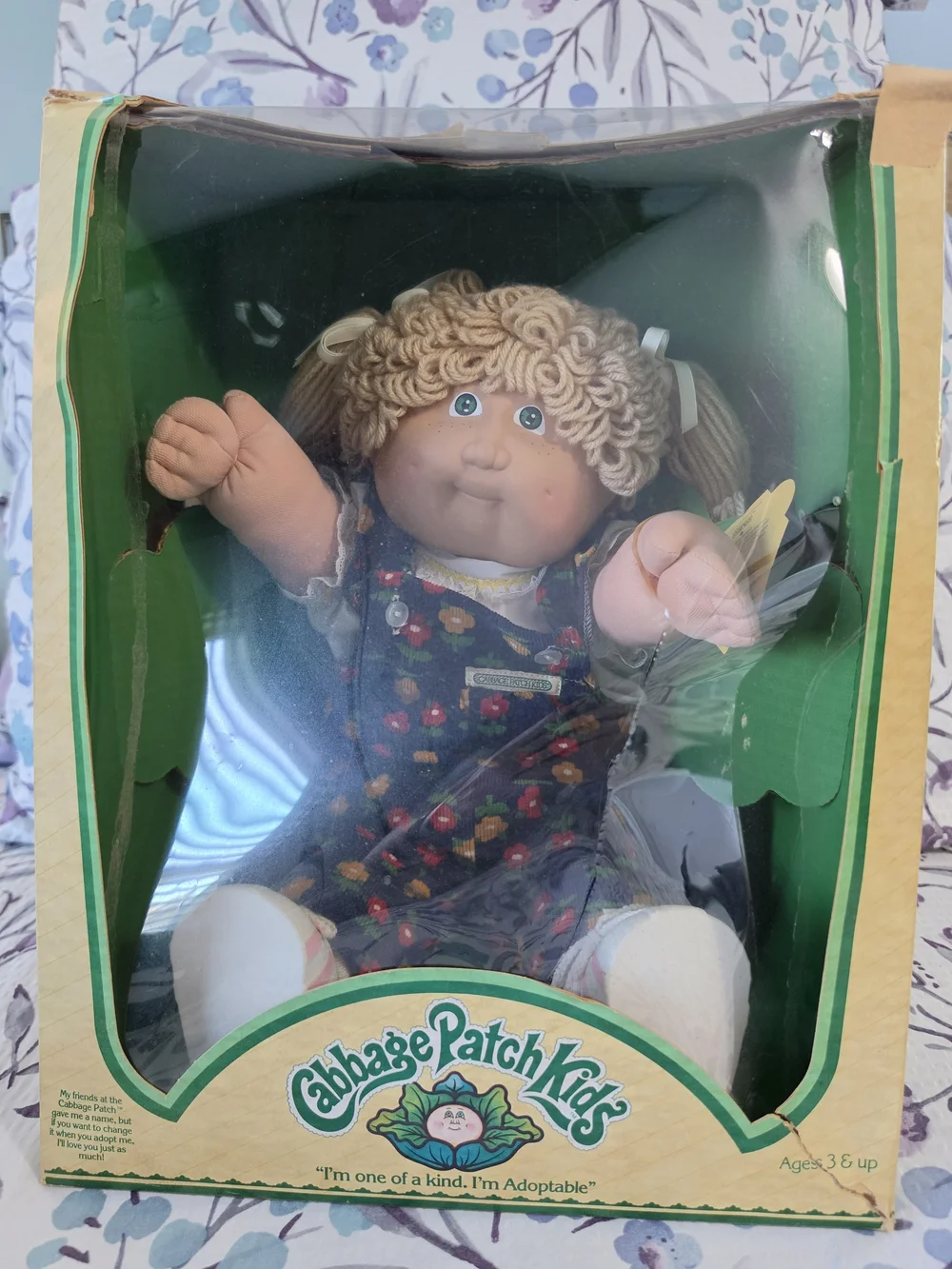 Cabbage Patch Kids 1980s Blonde Curly Hair, Flower Overalls Doll in Original Box